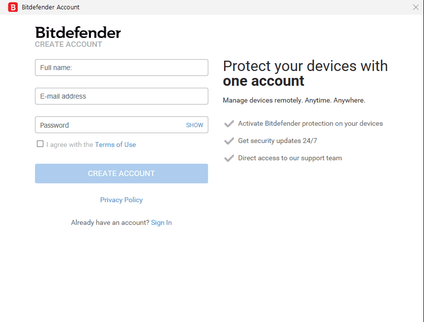 Illustration of Bitdefender create account section