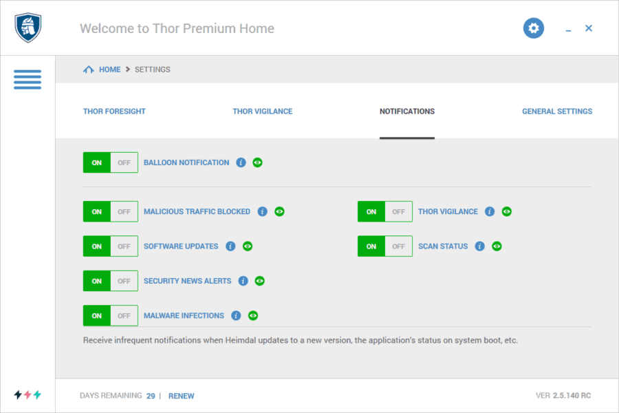 Image of Thor Premium Home,settings section