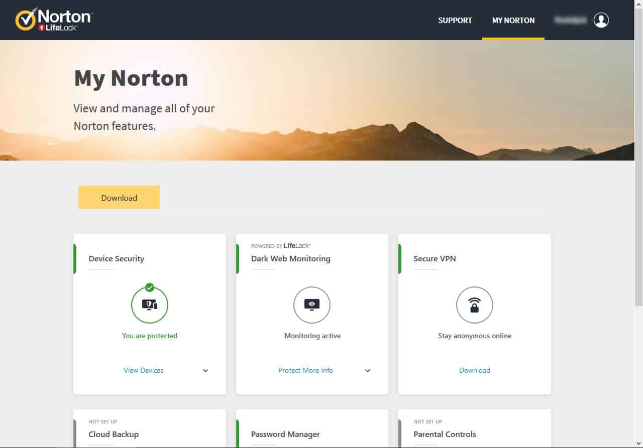 Image of Norton app My Norton Section